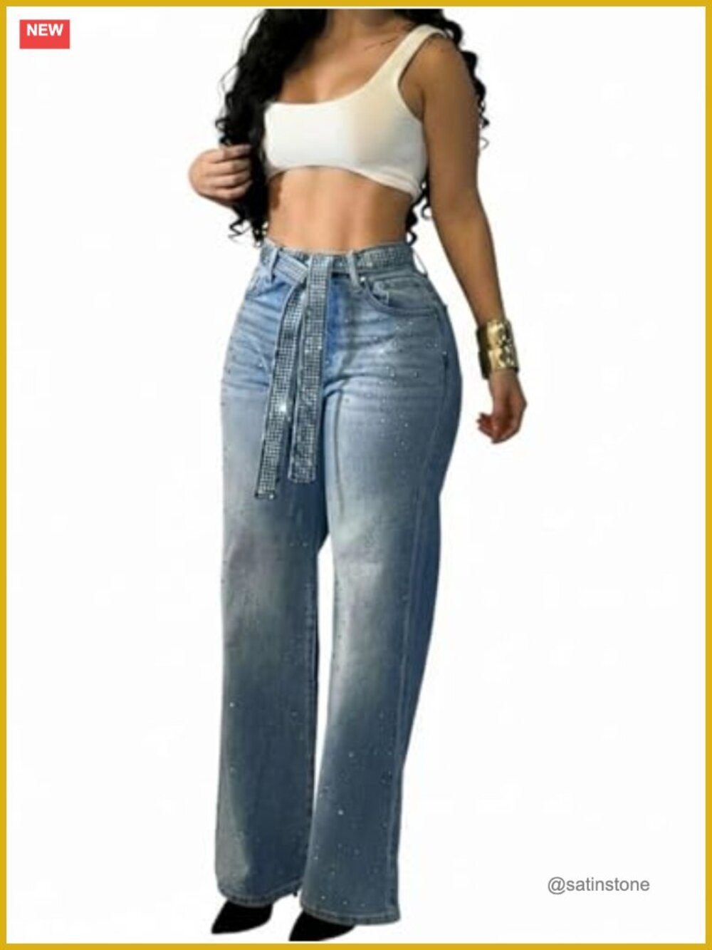 CHICME Women's Rhinestone Wide Leg Jeans with Sparkle Belt